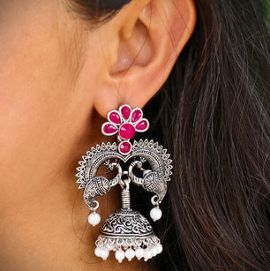 Twin Peacock Floral Style Pearls Beaded Jhumka Earrings