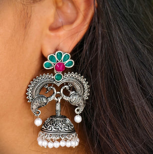 Twin Peacock Floral Style Pearls Beaded Jhumka Earrings