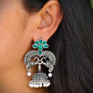 Twin Peacock Floral Style Pearls Beaded Jhumka Earrings