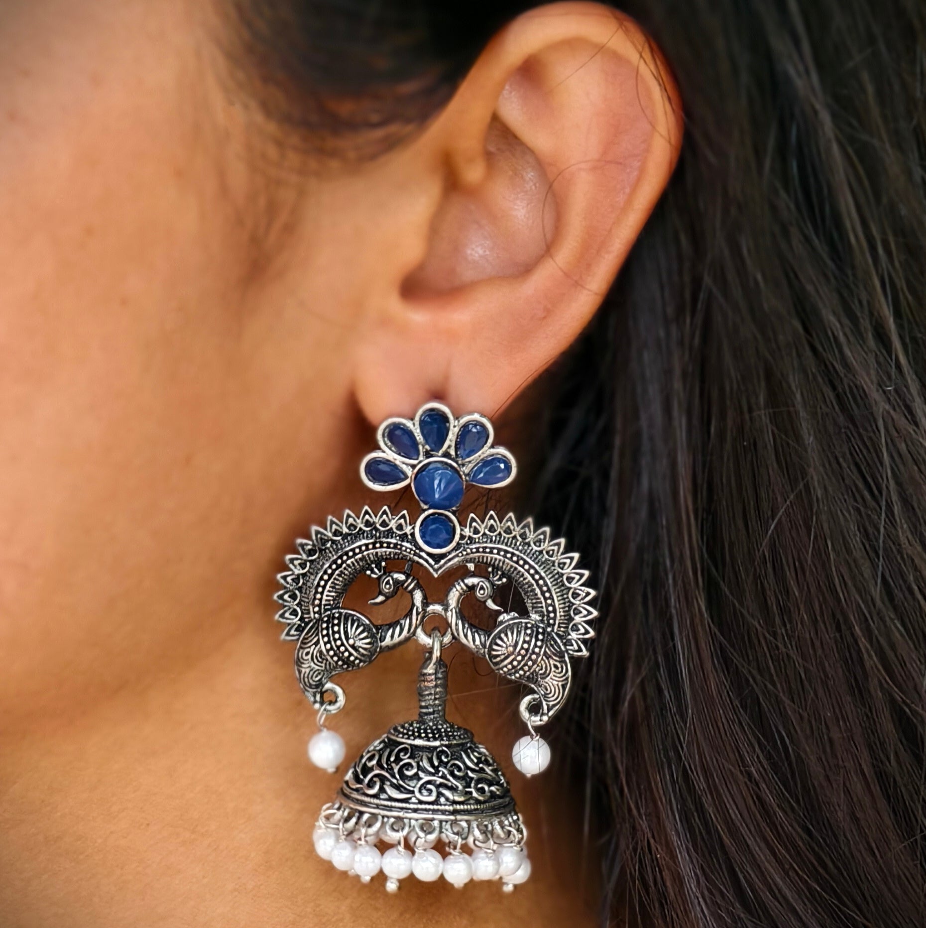 Twin Peacock Floral Style Pearls Beaded Jhumka Earrings