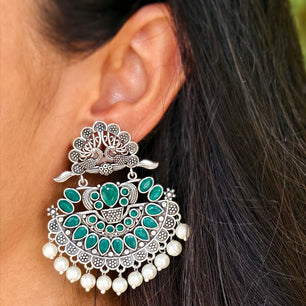 Double Peacock Kundan Chandbali Jhumka Earrings