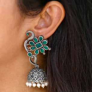 MAYUR - Peacock Floral Style Pearls Decorated Jhumka Earrings