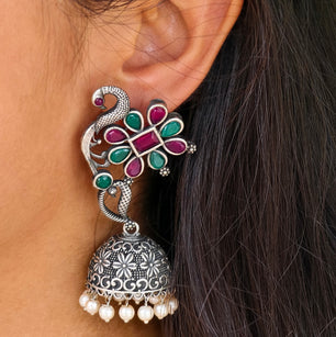 MAYUR - Peacock Floral Style Pearls Decorated Jhumka Earrings