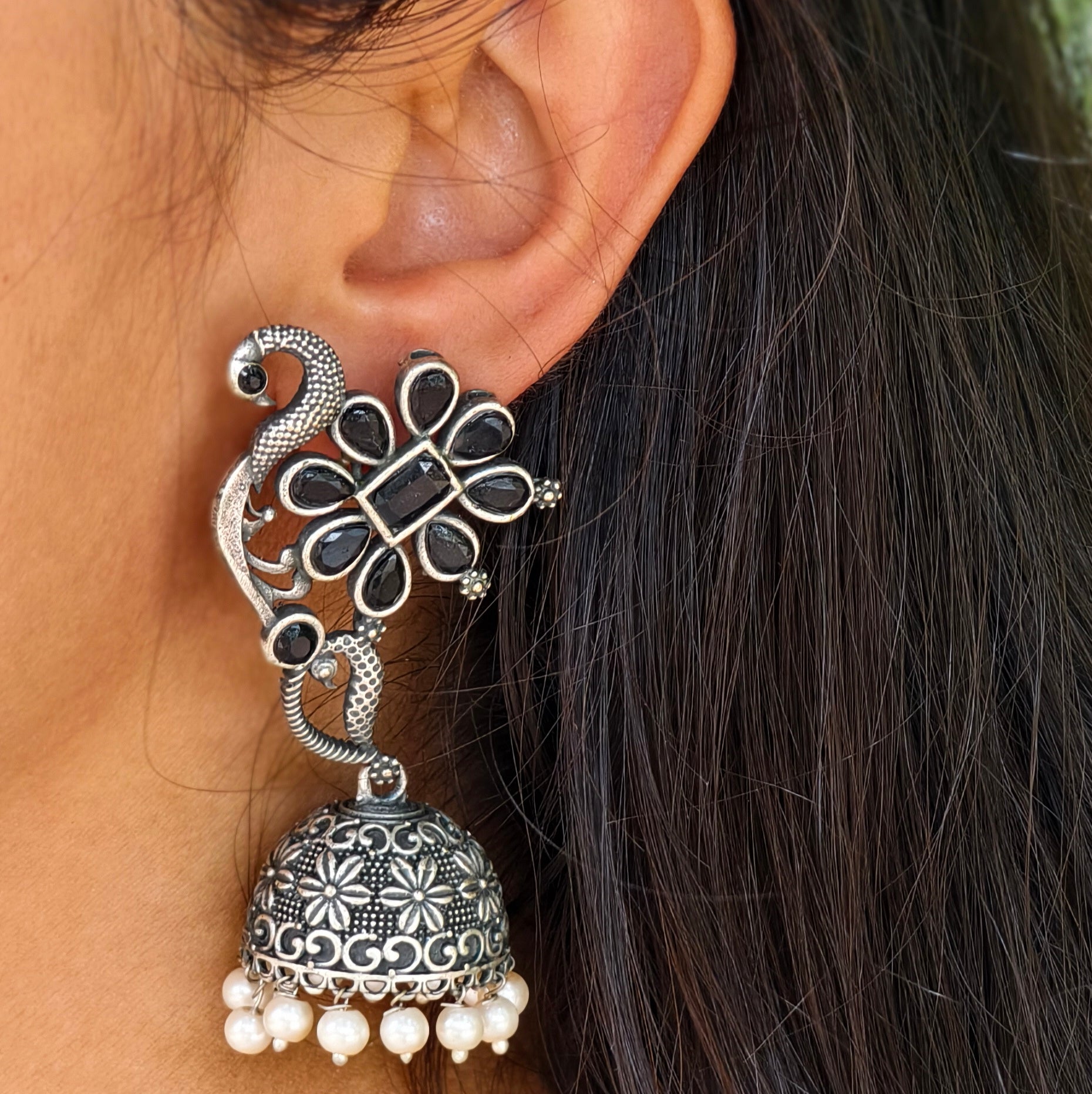 MAYUR - Peacock Floral Style Pearls Decorated Jhumka Earrings