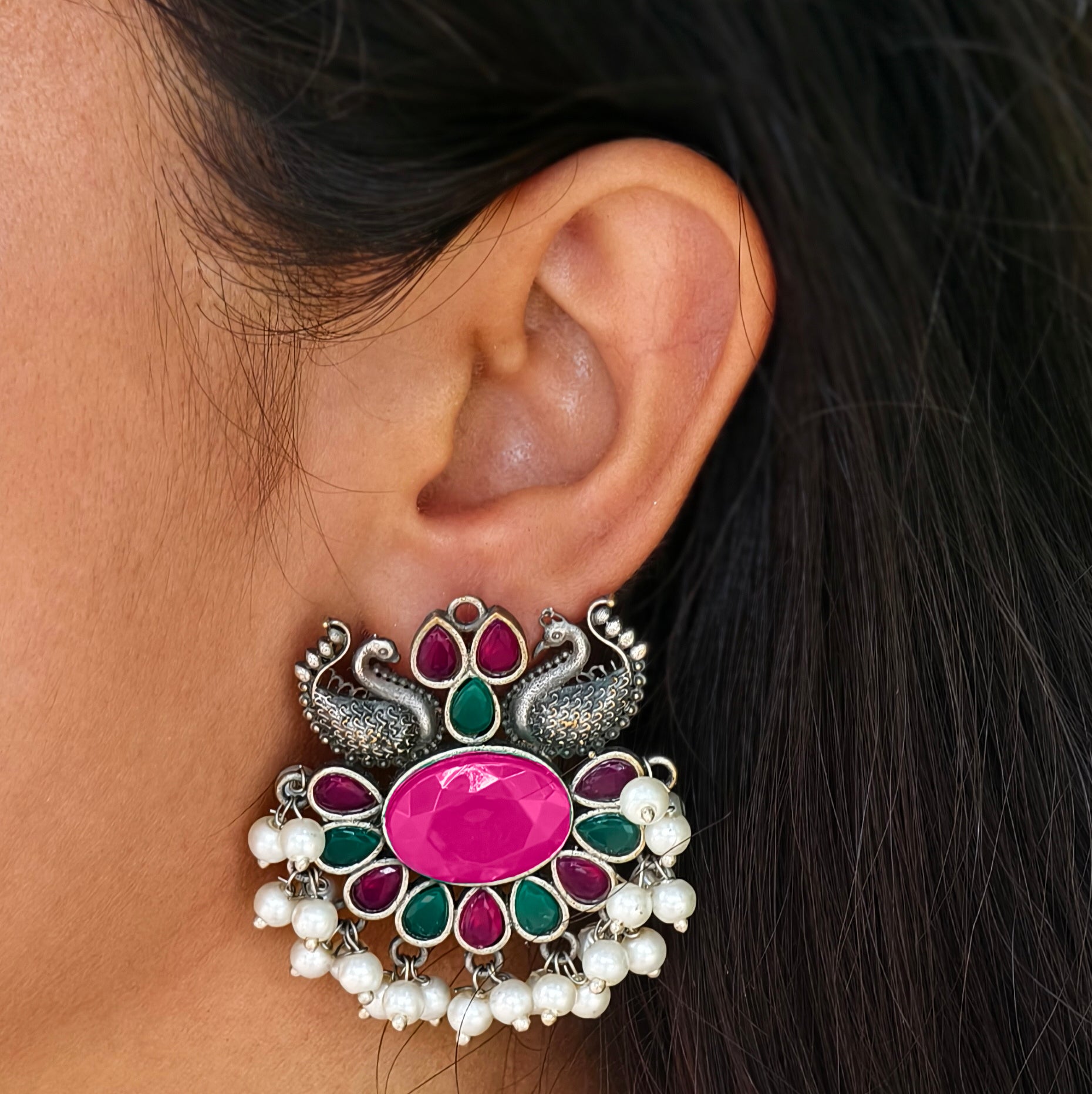 Double Peacock Floral Pearls Intricate Jhumka Earrings