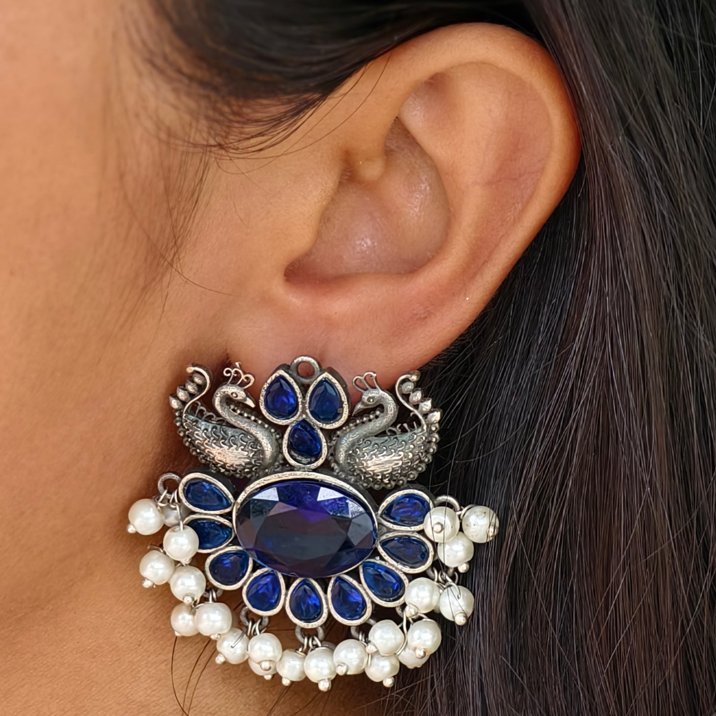 Double Peacock Floral Pearls Intricate Jhumka Earrings