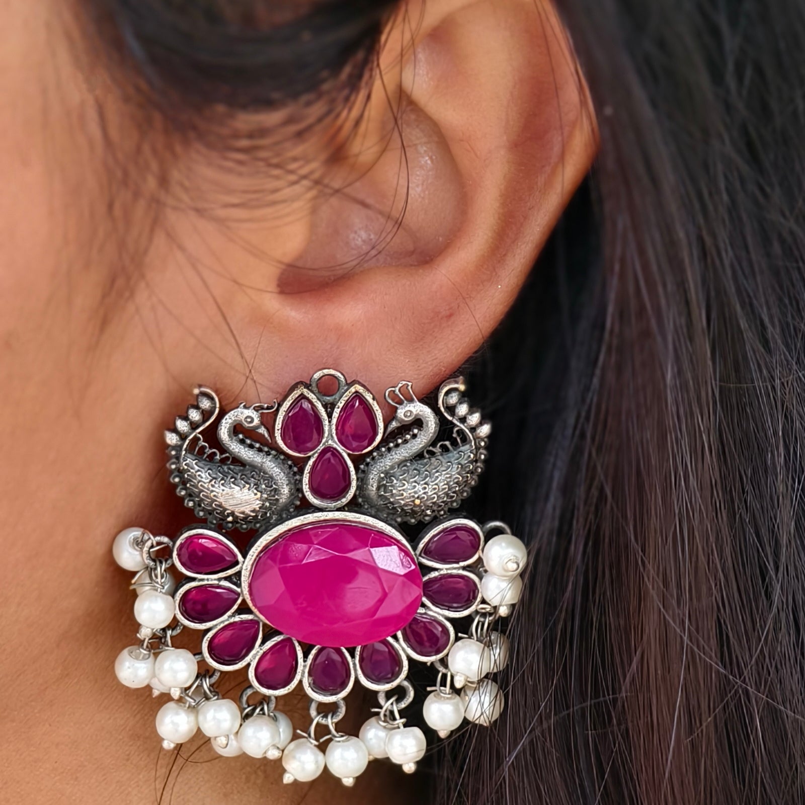 Double Peacock Floral Pearls Intricate Jhumka Earrings