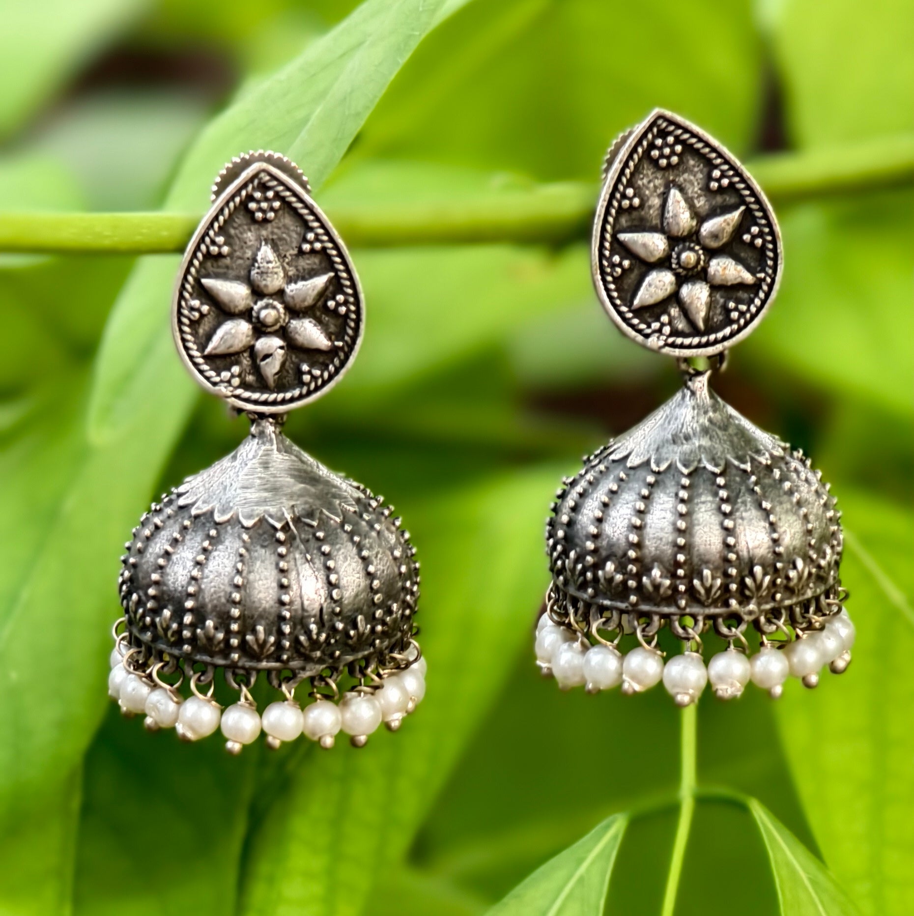 Leaf-Shaped Oxidised Silver Pearl Jhumki Earrings