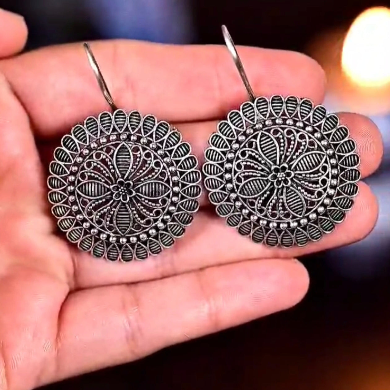 Oxidised Silver Ethnic Round Floral Stud Earrings