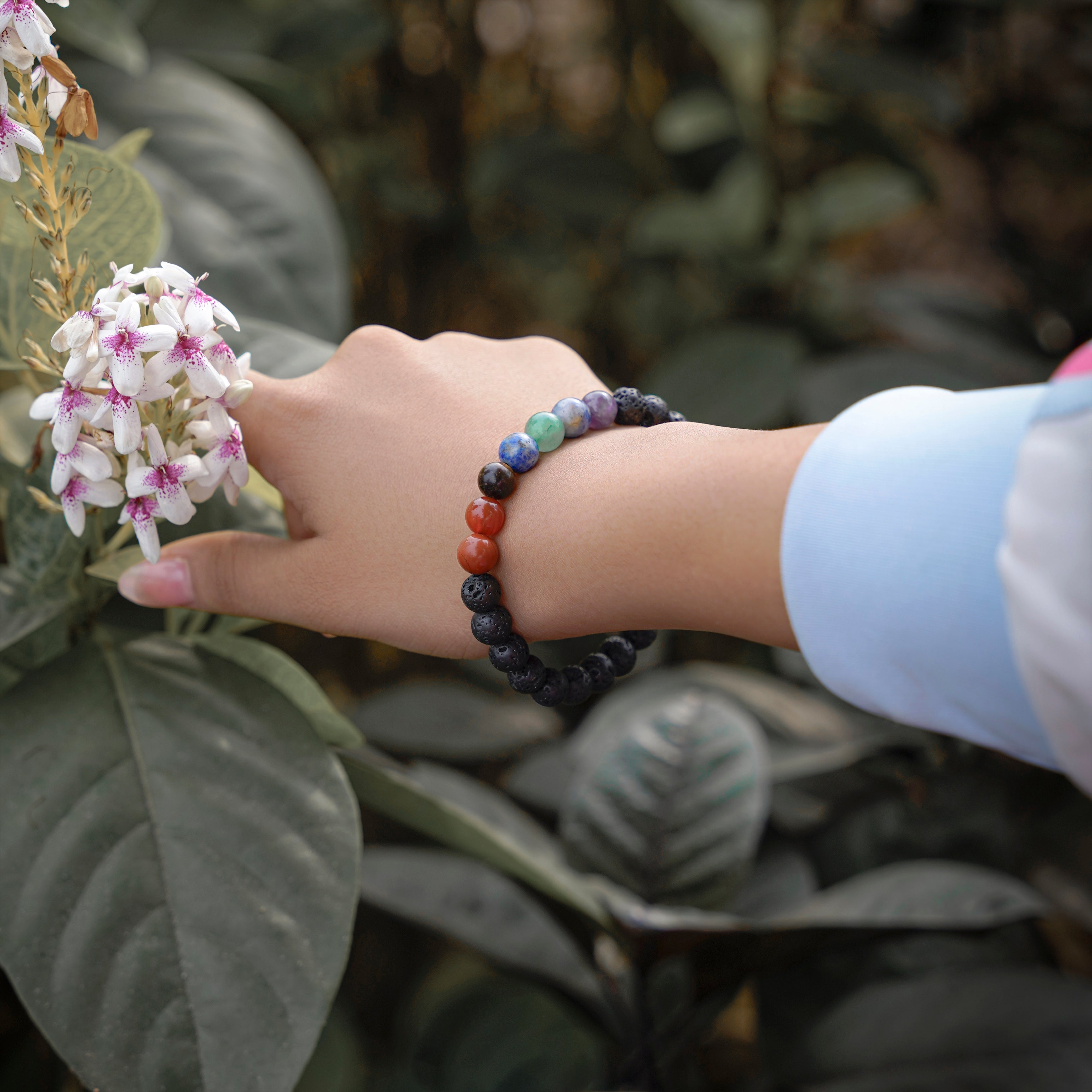 7 Chakra Hamsa Lava Stone Healing Crystal Bracelet