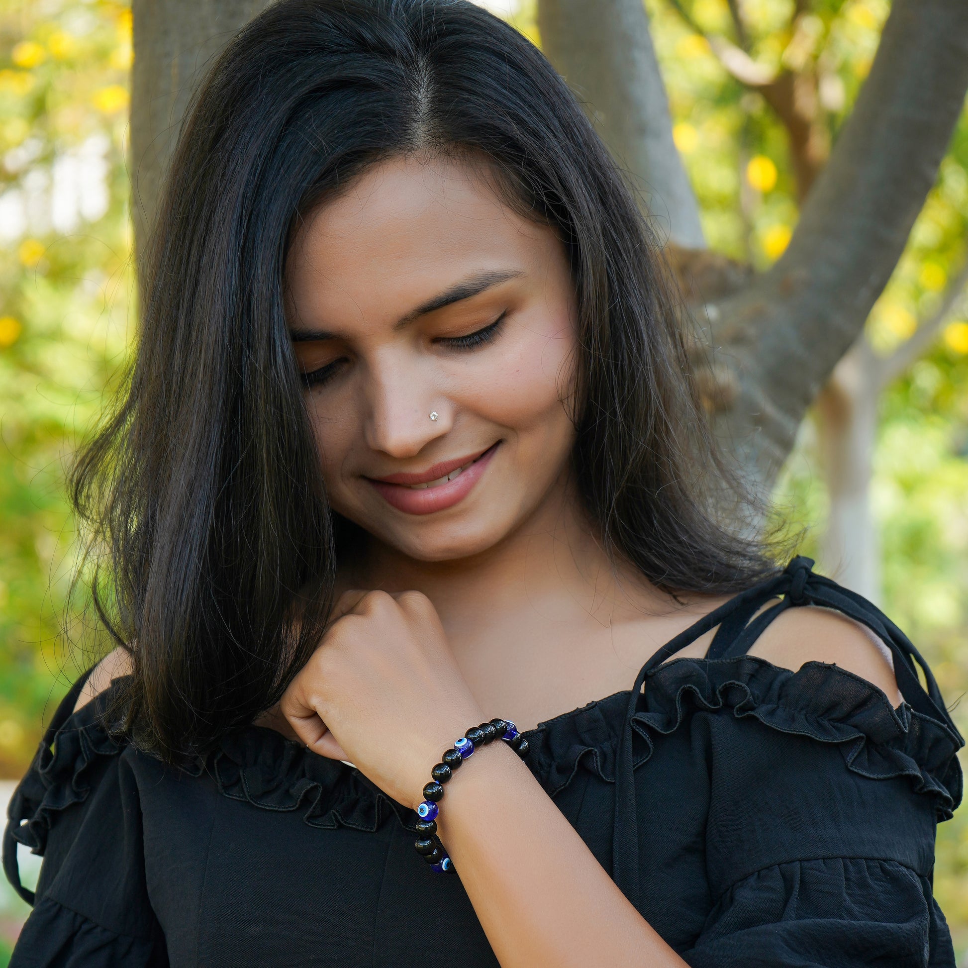 Black Tourmaline Evil Eye Healing Crystal Bracelet