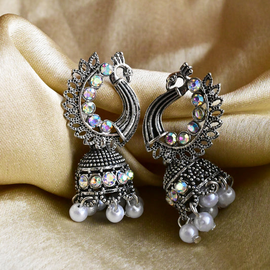 Oxidised Peacock Pearl Jhumka Earrings