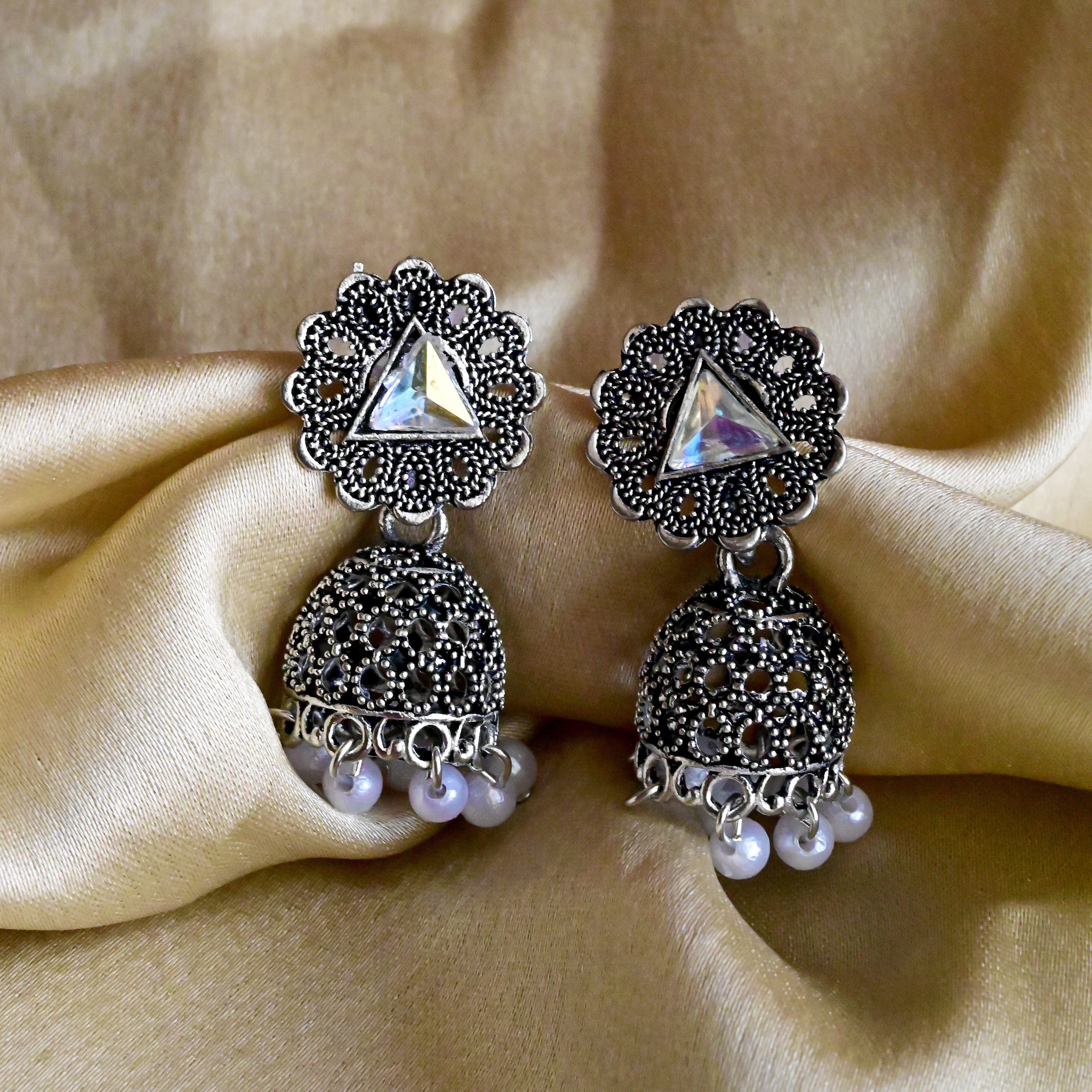 Oxidise Pearl Dome Jhumka Earrings