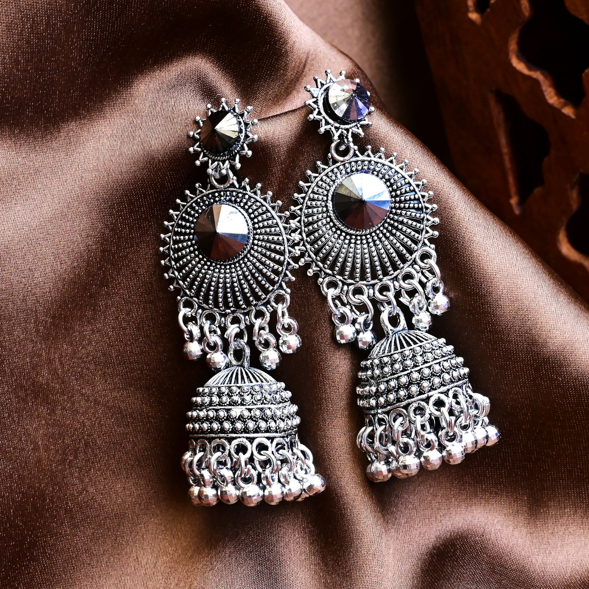 Oxidise Silver Chandbali Jhumka Earrings