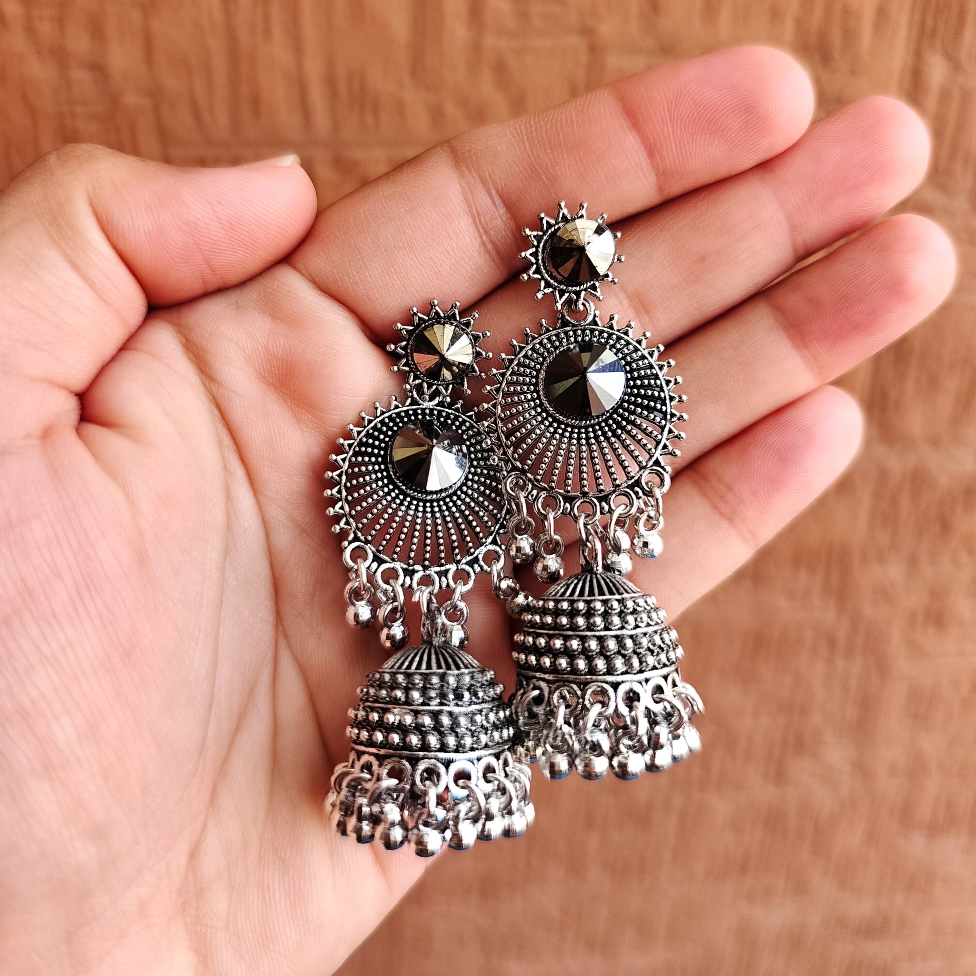 Oxidise Silver Chandbali Jhumka Earrings