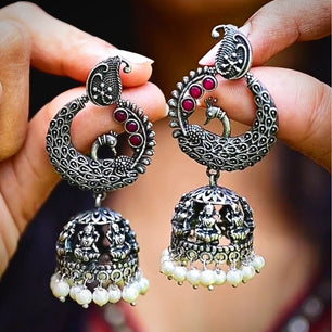 MORNI - Peacock & Lakshmi Pearls Embellished Intricate Jhumka Earrings