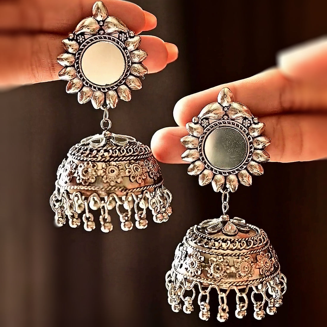 AAINA - Mirror Chandbali Intricate Jhumka Earrings