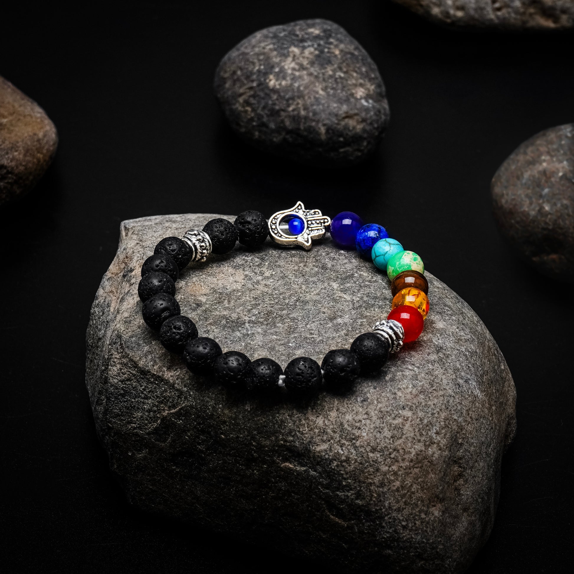 7 Chakra Hamsa Lava Stone Healing Crystal Bracelet