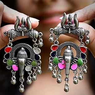 Ganesha & Trishul Multi-Stones Studded Oxidised Jhumka Earrings