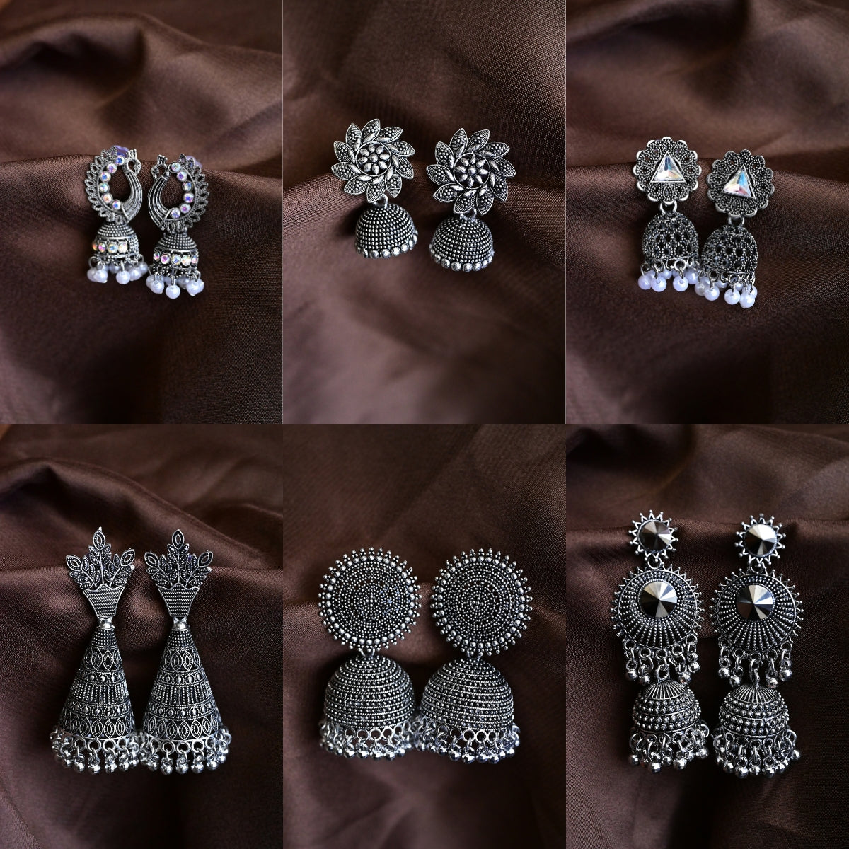 Set of 6 Designer Oxidised Jhumka Earrings Combo