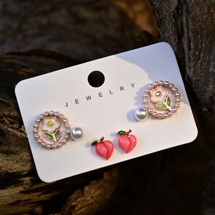 Graceful Pearl Ring Flower Earrings Set