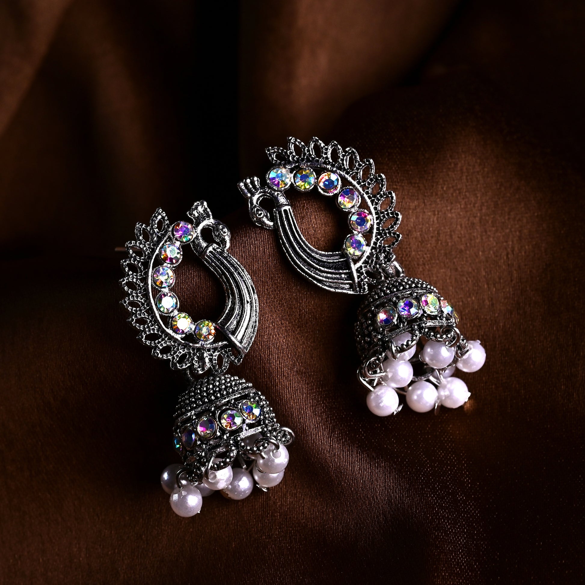 Oxidised Peacock Pearl Jhumka Earrings