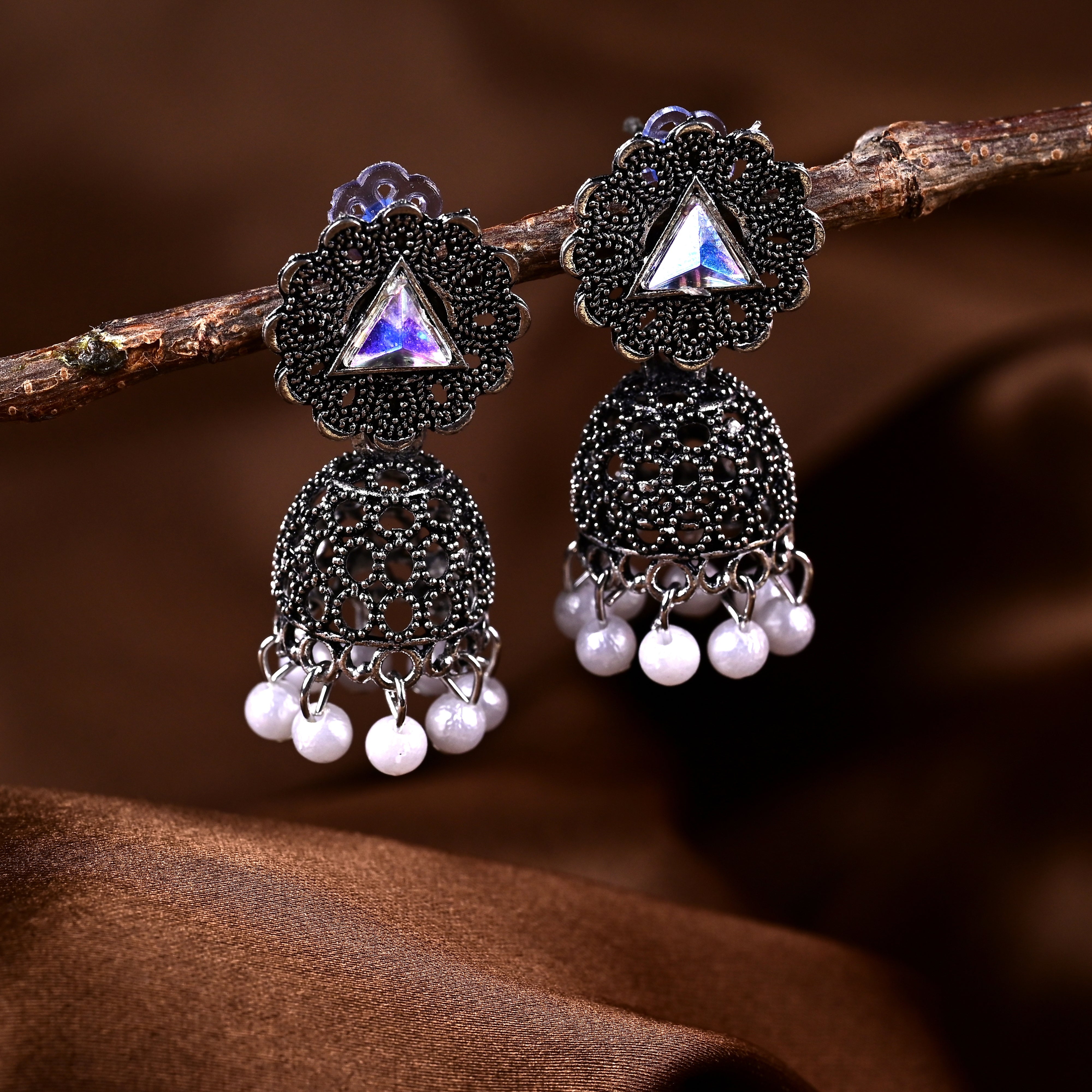 Oxidise Pearl Dome Jhumka Earrings