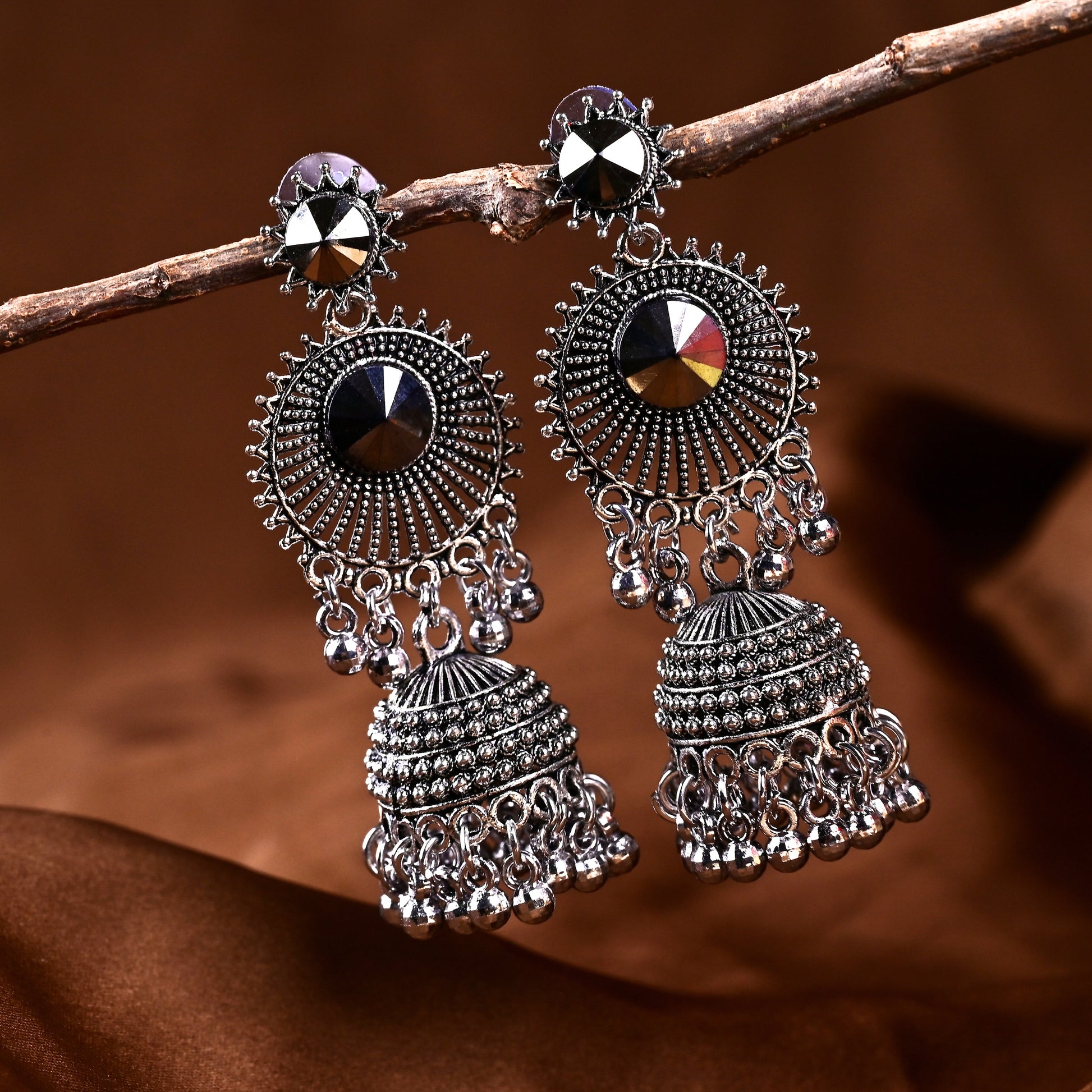 Oxidise Silver Chandbali Jhumka Earrings