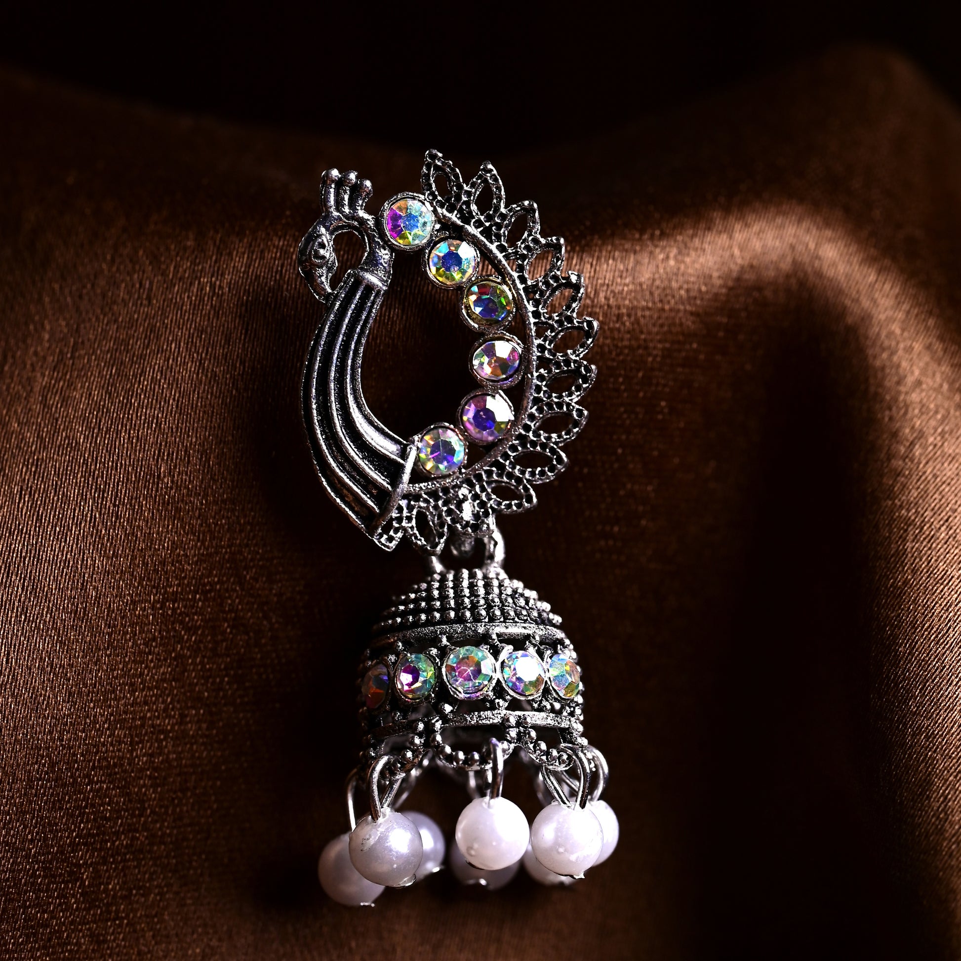 Oxidised Peacock Pearl Jhumka Earrings