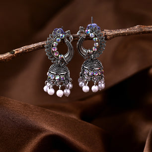 Oxidised Peacock Pearl Jhumka Earrings