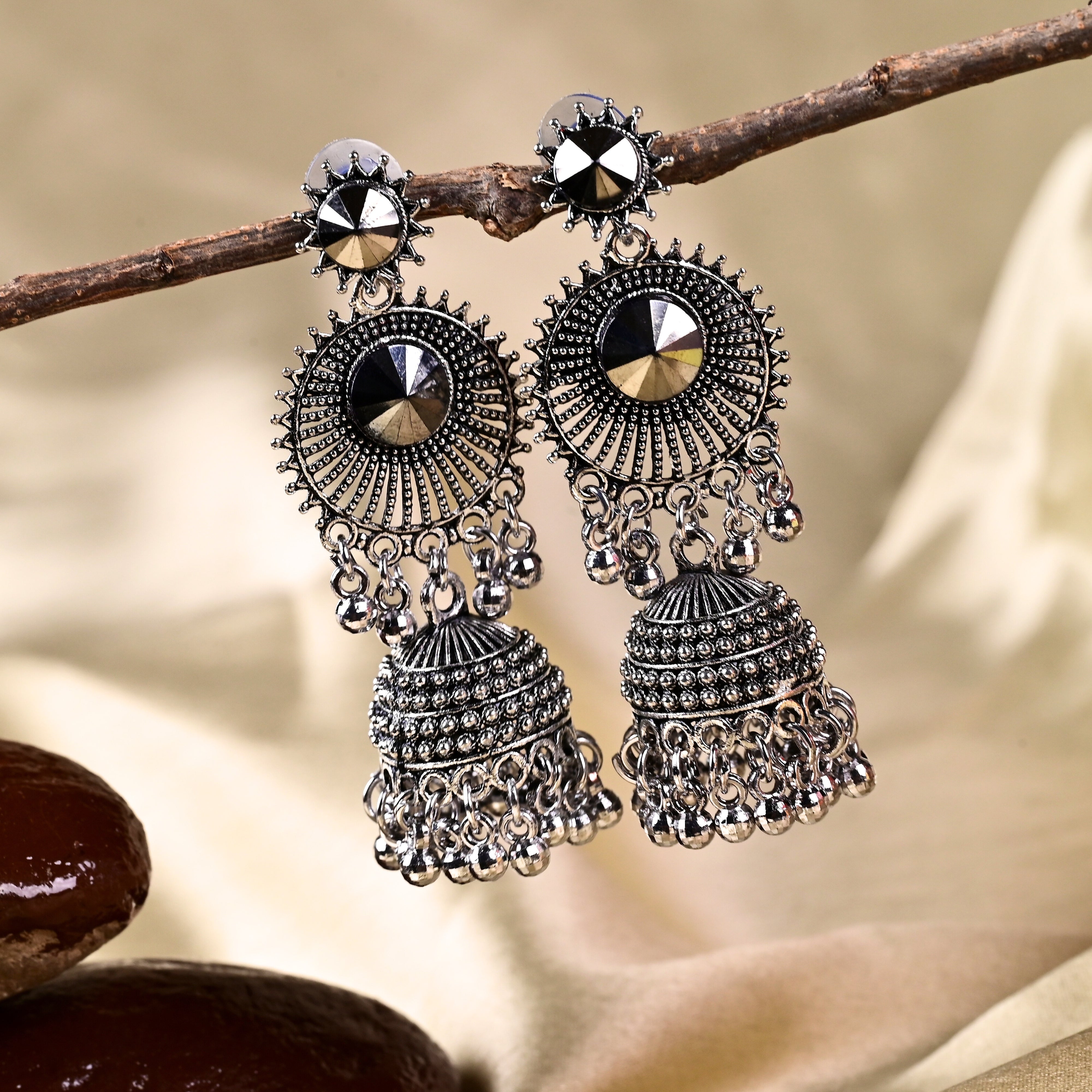 Oxidise Silver Chandbali Jhumka Earrings