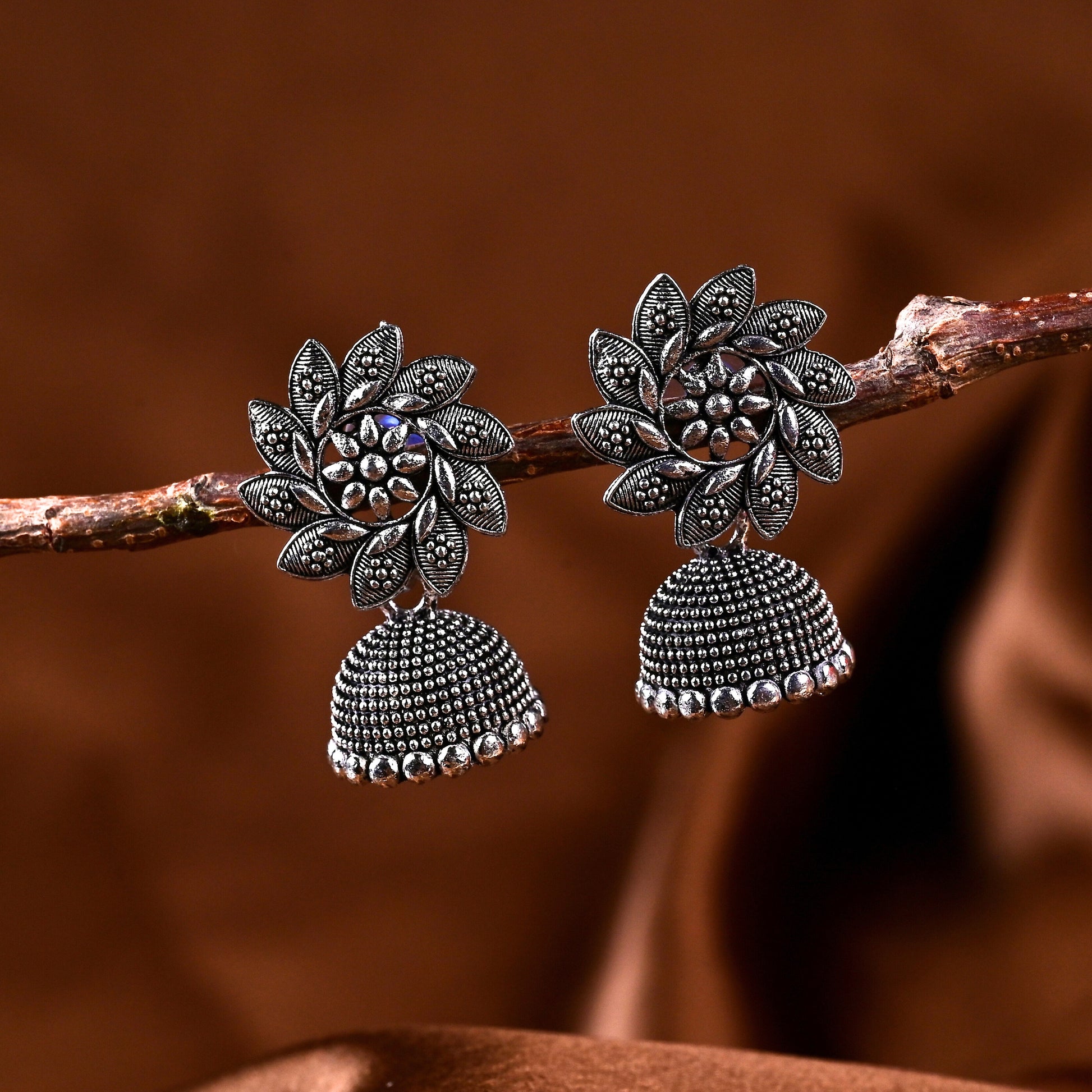 Oxidise Silver Ethnic Jhumka Earrings