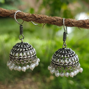 White Pearl Silver Oxidised Jhumki Earrings